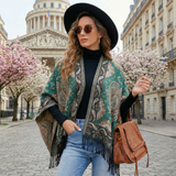 Poncho Feminino Estilo Xale Estampado com Franjas